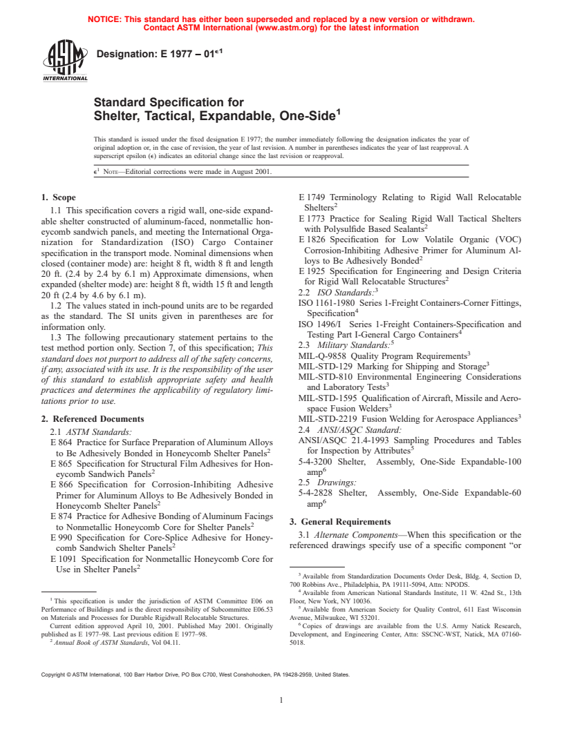 ASTM E1977-01e1 - Standard Specification for Shelter, Tactical, Expandable, One-Side