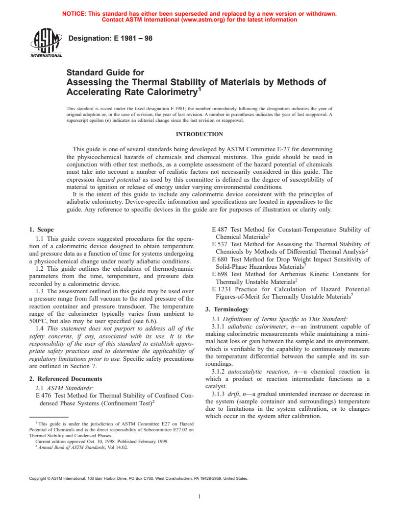 ASTM E1981-98 - Standard Guide for Assessing the Thermal Stability of Materials by Methods of Accelerating Rate Calorimetry