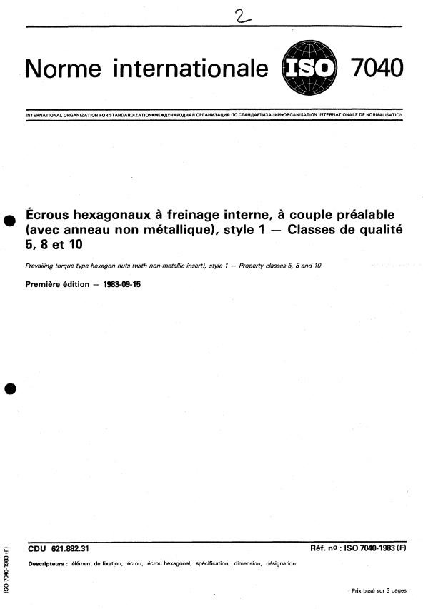 ISO 7040:1983 - Écrous hexagonaux a freinage interne, a couple préalable (avec anneau non métallique), style 1 -- Classes de qualité 5, 8 et 10