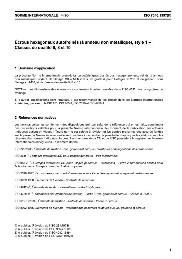 ISO 7040:1997 - Écrous hexagonaux autofreinés (a anneau non métallique), style 1 -- Classes de qualité 5, 8 et 10