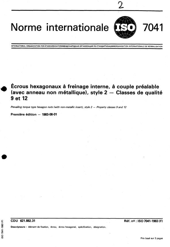 ISO 7041:1983 - Écrous hexagonaux a freinage interne, a couple préalable (avec anneau non métallique), style 2 -- Classes de qualité 9 et 12