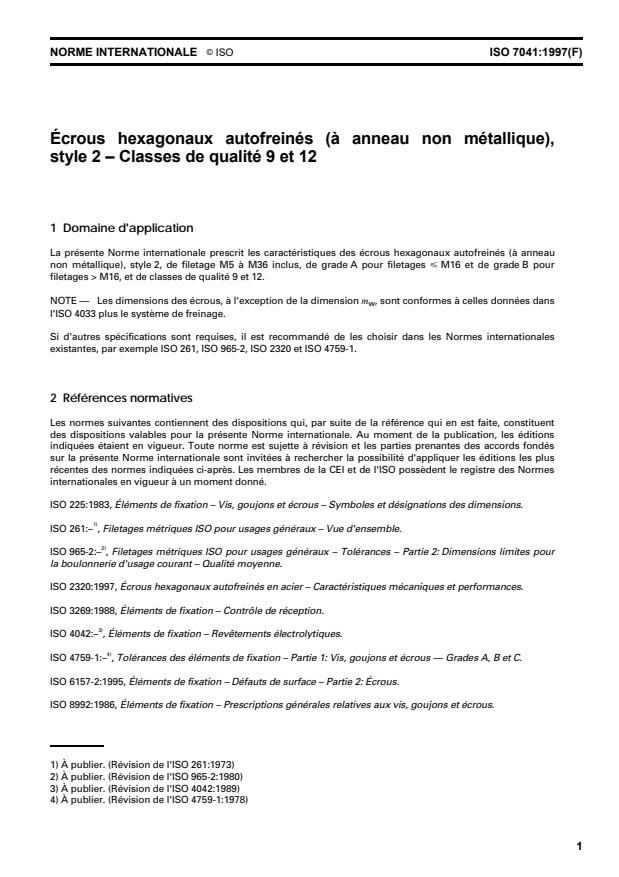 ISO 7041:1997 - Écrous hexagonaux autofreinés (a anneau non métallique), style 2 -- Classes de qualité 9 et 12