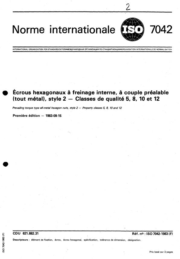 ISO 7042:1983 - Écrous hexagonaux a freinage interne, a couple préalable (tout métal), style 2 -- Classes de qualité 5, 8, 10 et 12