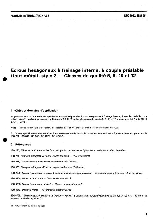 ISO 7042:1983 - Écrous hexagonaux a freinage interne, a couple préalable (tout métal), style 2 -- Classes de qualité 5, 8, 10 et 12