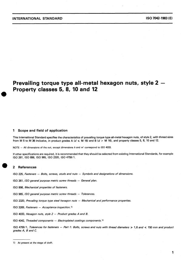ISO 7042:1983 - Prevailing torque type all-metal hexagon nuts, style 2 -- Property classes 5, 8, 10 and 12