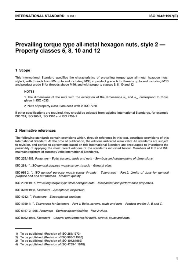 ISO 7042:1997 - Prevailing torque type all-metal hexagon nuts, style 2 -- Property classes 5, 8, 10 and 12