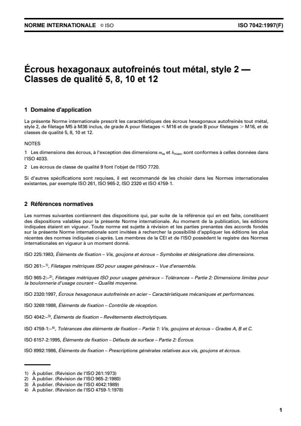 ISO 7042:1997 - Écrous hexagonaux autofreinés tout métal, style 2 -- Classes de qualité 5, 8, 10 et 12