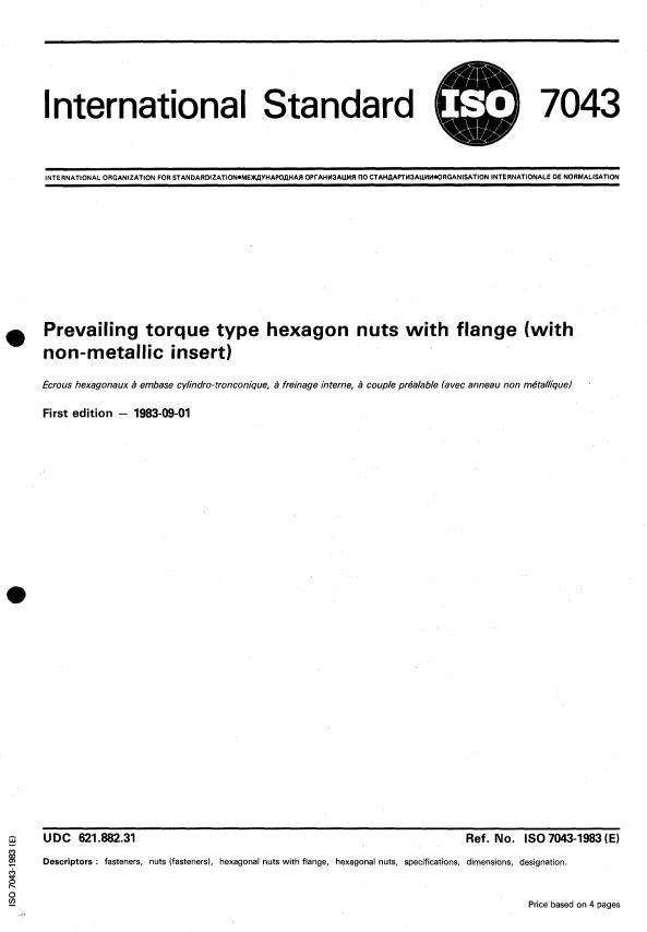 ISO 7043:1983 - Prevailing torque type hexagon nuts with flange (with non-metallic insert)