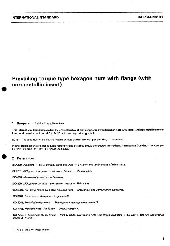 ISO 7043:1983 - Prevailing torque type hexagon nuts with flange (with non-metallic insert)