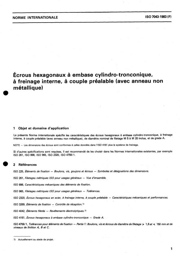 ISO 7043:1983 - Écrous hexagonaux a embase cylindro-tronconique, a freinage interne, a couple préalable (avec anneau non métallique)