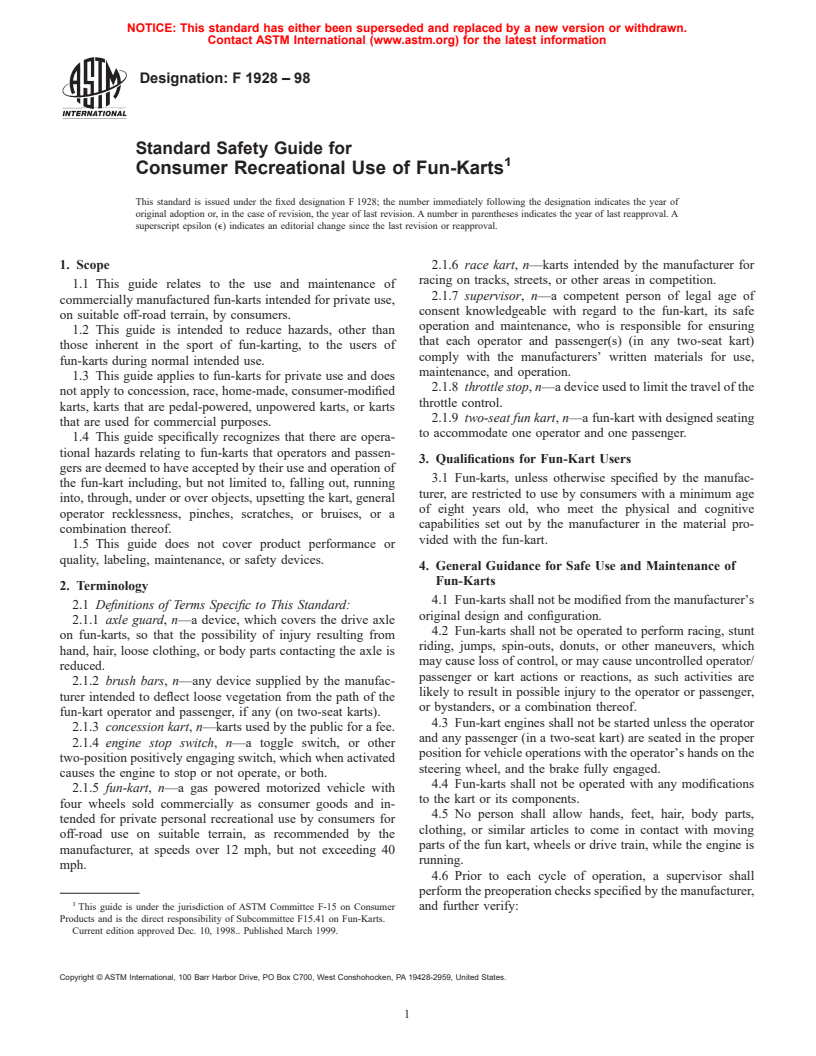 ASTM F1928-98 - Standard Safety Guide for Consumer Recreational Use of Fun-Karts