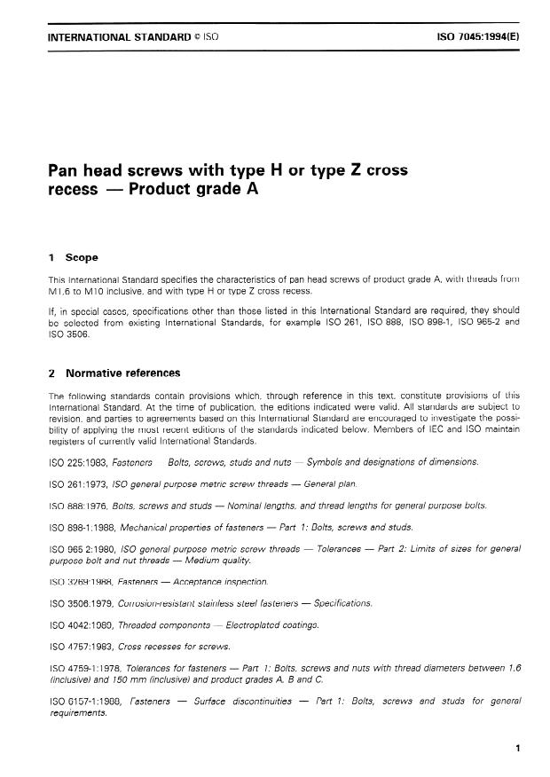 ISO 7045:1994 - Pan head screws with type H or type Z cross recess -- Product grade A