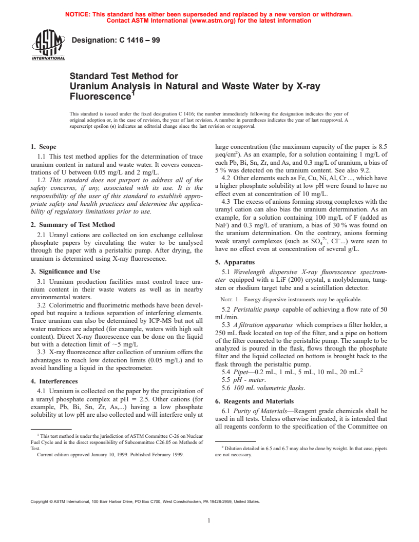 ASTM C1416-99 - Standard Test Method for Uranium Analysis in Natural and Waste Water by X-Ray Fluorescence