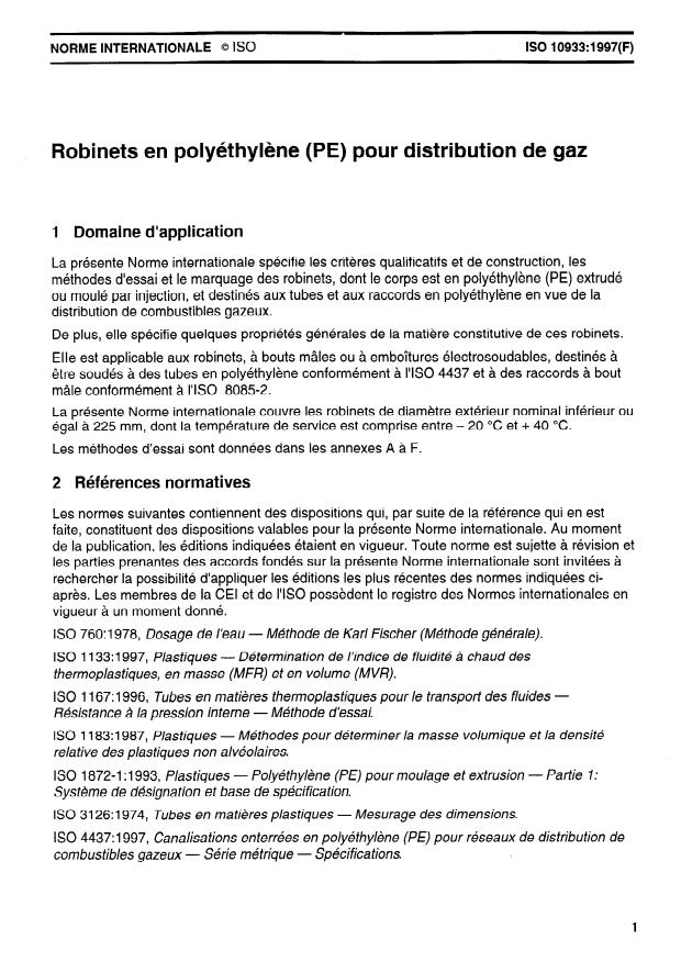 ISO 10933:1997 - Robinets en polyéthylene (PE) pour distribution de gaz