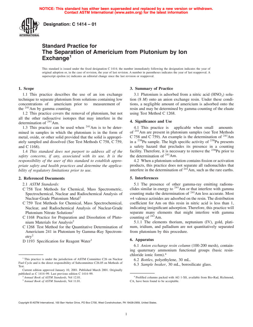 ASTM C1414-01 - Standard Practice for the Separation of Americium from Plutonium by Ion Exchange