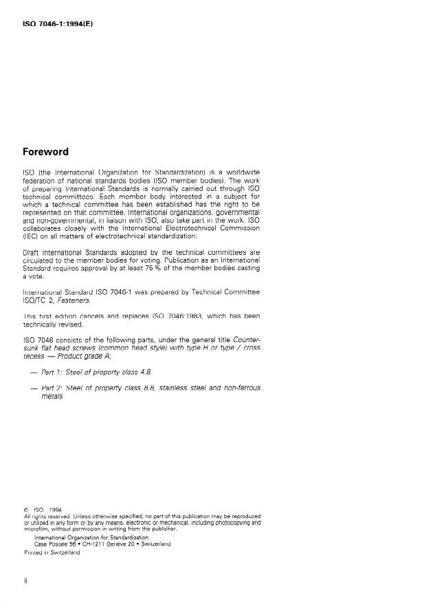 ISO 7046-1:1994 ISO 7046-1:1994 - Countersunk flat head screws (common head style) with type H or type Z cross recess -- Product grade A - Page 2 preview