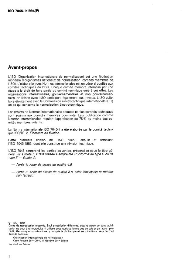 ISO 7046-1:1994 ISO 7046-1:1994 - Vis a métaux a tete fraisée a empreinte cruciforme de type H ou de type Z -- Grade A - Page 2 preview
