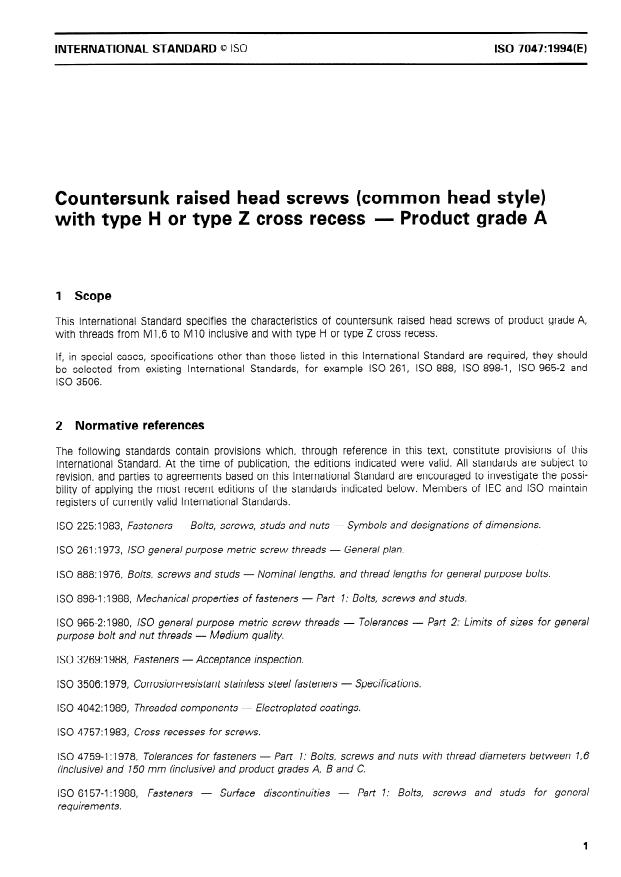 ISO 7047:1994 - Countersunk raised head screws (common head style) with type H or type Z cross recess -- Product grade A