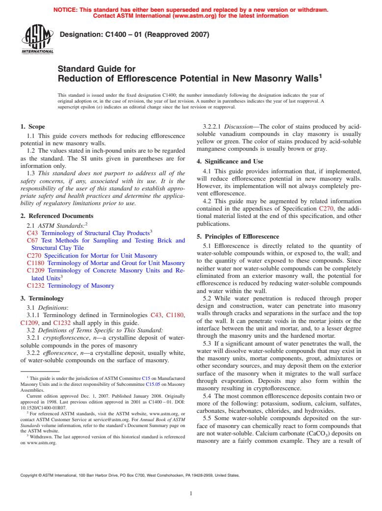 ASTM C1400-01(2007) - Standard Guide for Reduction of Efflorescence Potential in New Masonry Walls