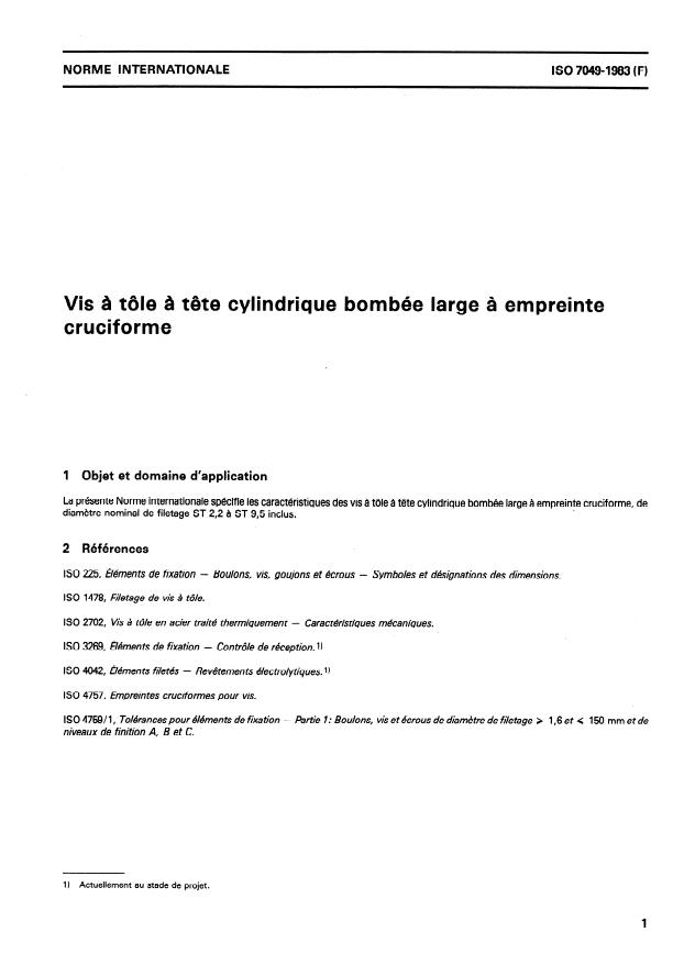ISO 7049:1983 - Vis a tôle a tete cylindrique bombée large a empreinte cruciforme