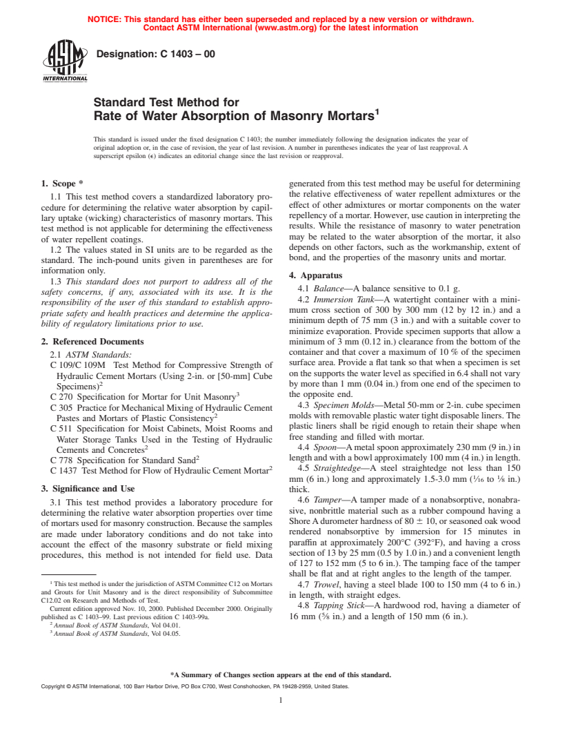 ASTM C1403-00 - Standard Test Method for Rate of Water Absorption of Masonry Mortars