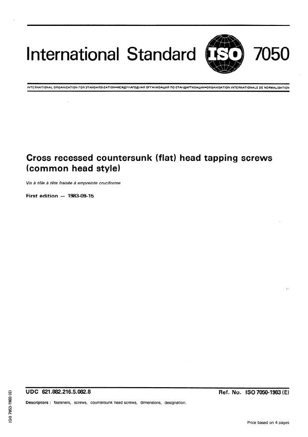 ISO 7050:1983 - Cross recessed countersunk (flat) head tapping screws (common head style)