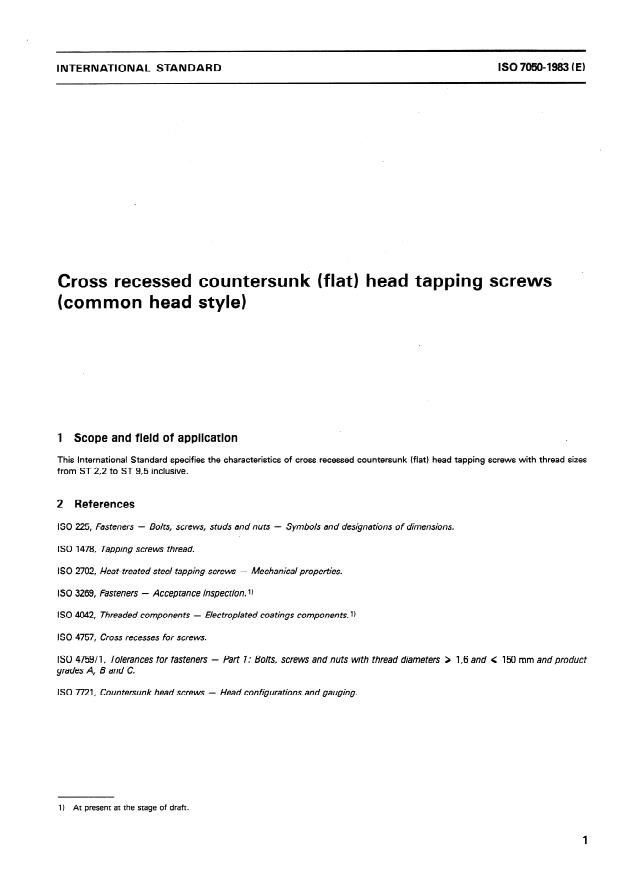 ISO 7050:1983 - Cross recessed countersunk (flat) head tapping screws (common head style)