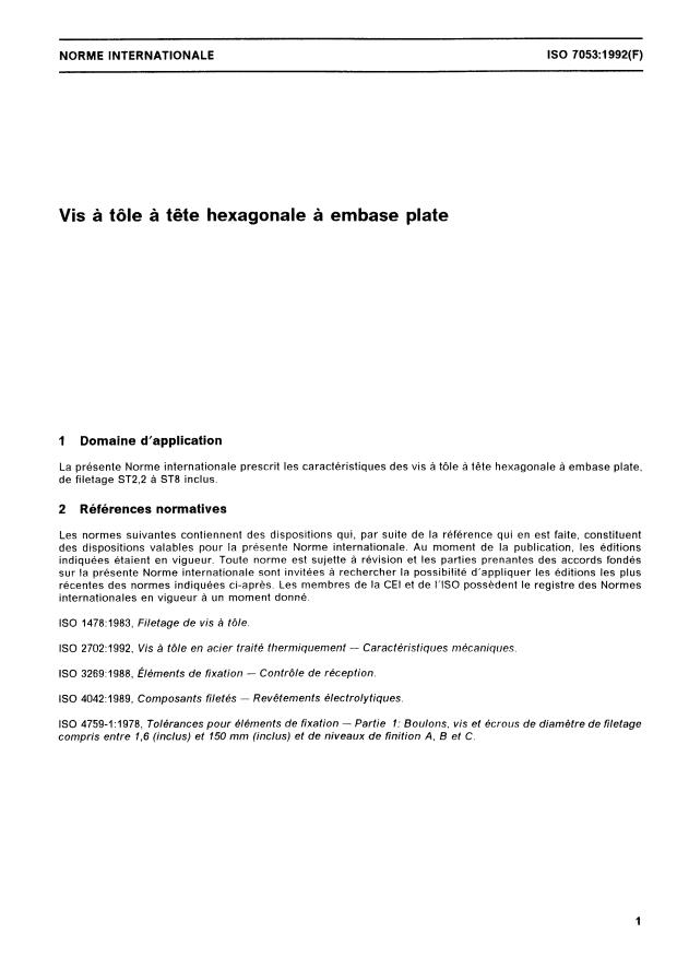ISO 7053:1992 - Vis a tôle a tete hexagonale a embase plate
