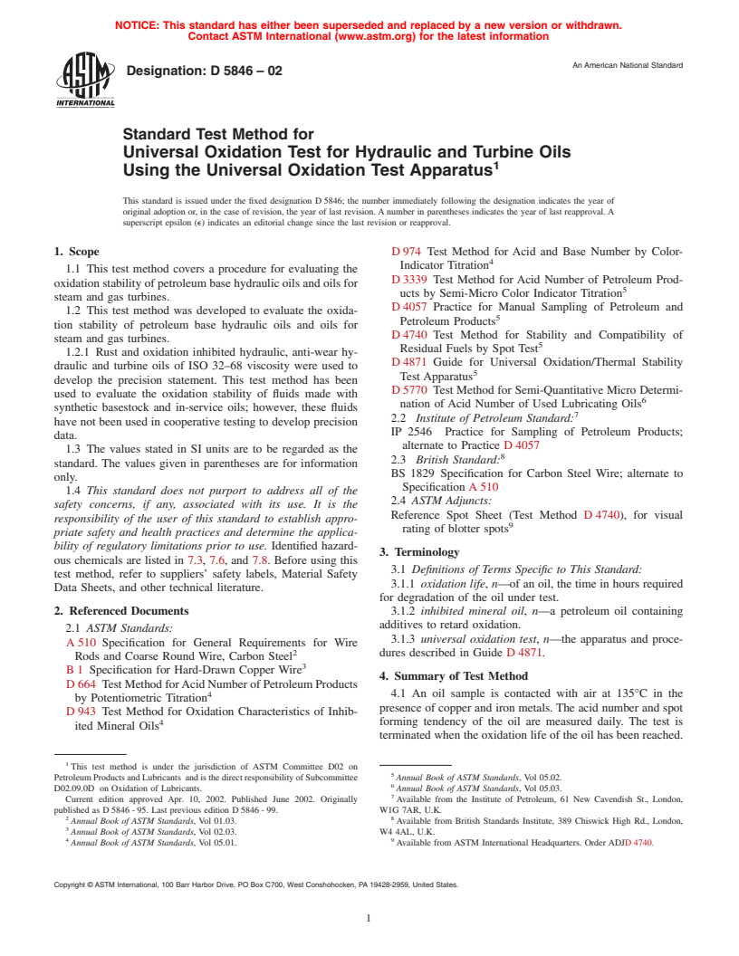 ASTM D5846-02 - Standard Test Method for Universal Oxidation Test for Hydraulic and Turbine Oils Using the Universal Oxidation Test Apparatus