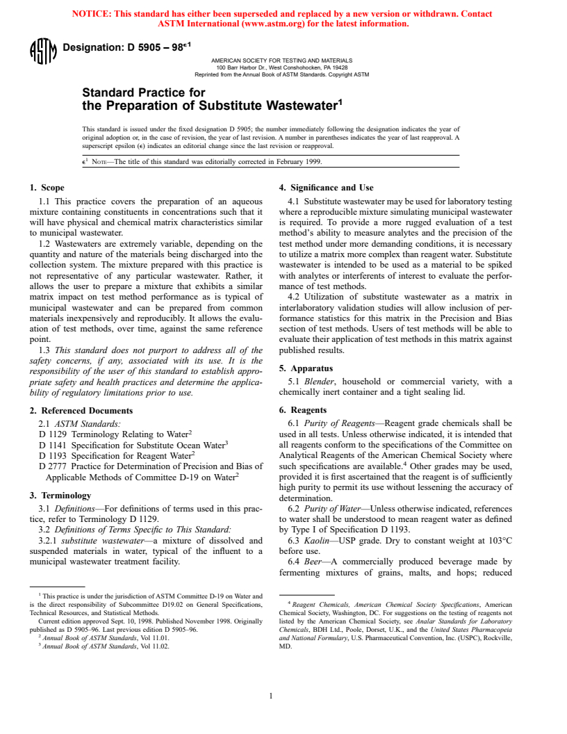 ASTM D5905-98e1 - Standard Practice for the Preparation of Substitute Wastewater