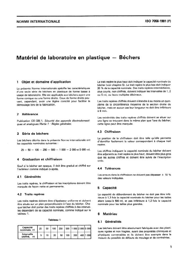 ISO 7056:1981 - Matériel de laboratoire en plastique -- Béchers