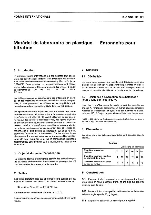 ISO 7057:1981 - Matériel de laboratoire en plastique -- Entonnoirs pour filtration