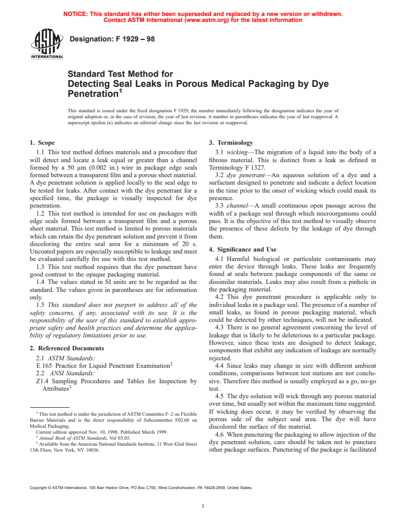 ASTM F1929-98 - Standard Test Method for Detecting Seal Leaks in Porous Medical Packaging by Dye Penetration