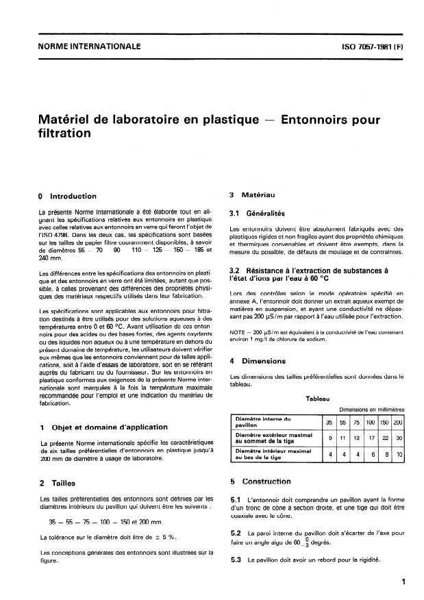 ISO 7057:1981 - Matériel de laboratoire en plastique -- Entonnoirs pour filtration
