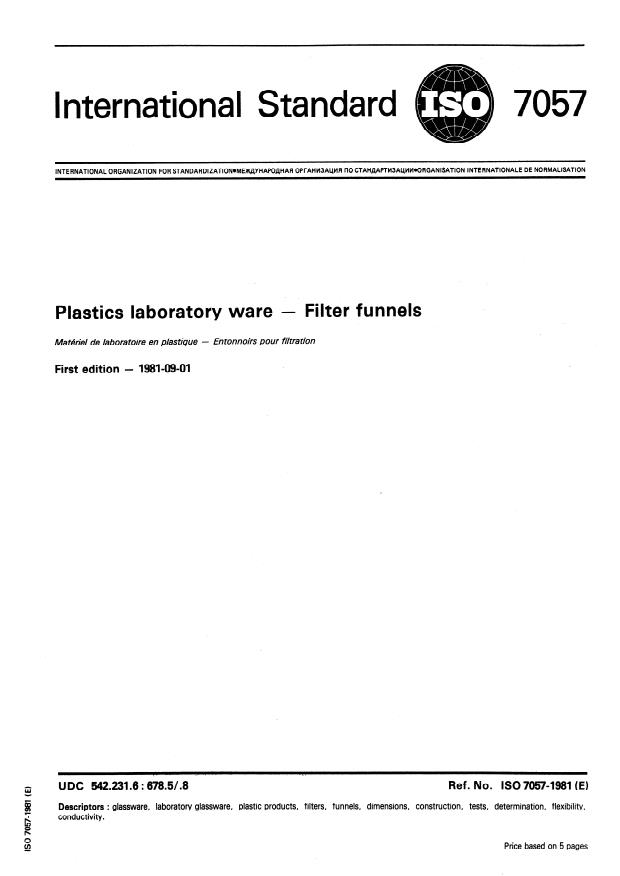 ISO 7057:1981 - Plastics laboratory ware -- Filter funnels