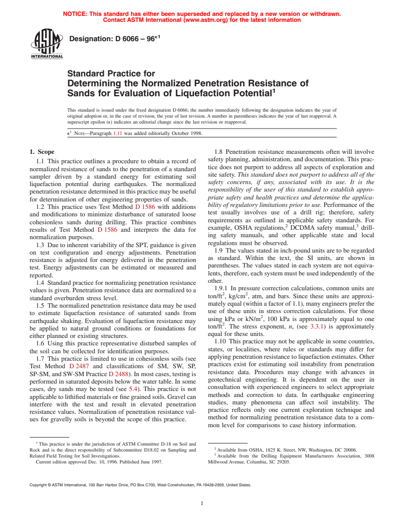 ASTM D6066-96e1 - Standard Practice for Determining the Normalized Penetration Resistance of Sands for Evaluation of Liquefaction Potential