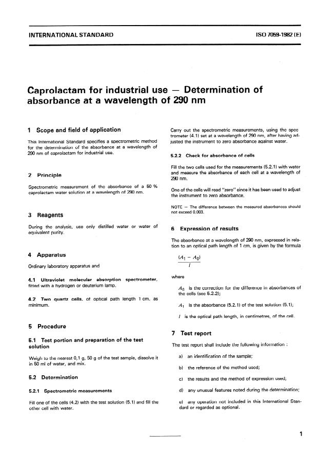 ISO 7059:1982 - Caprolactam for industrial use -- Determination of absorbance at a wavelength of 290 nm