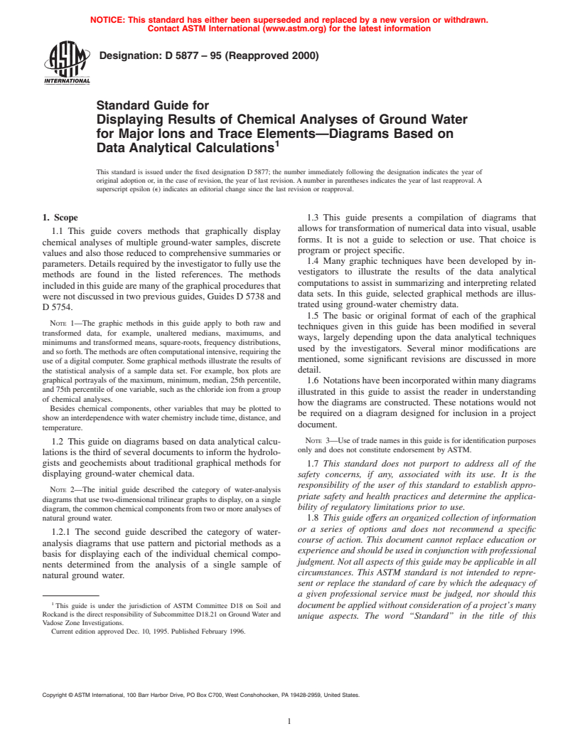 ASTM D5877-95(2000) - Standard Guide for Displaying Results of Chemical Analyses of Ground Water for Major Ions and Trace Elements-Diagrams Based on Data Analytical Calculations