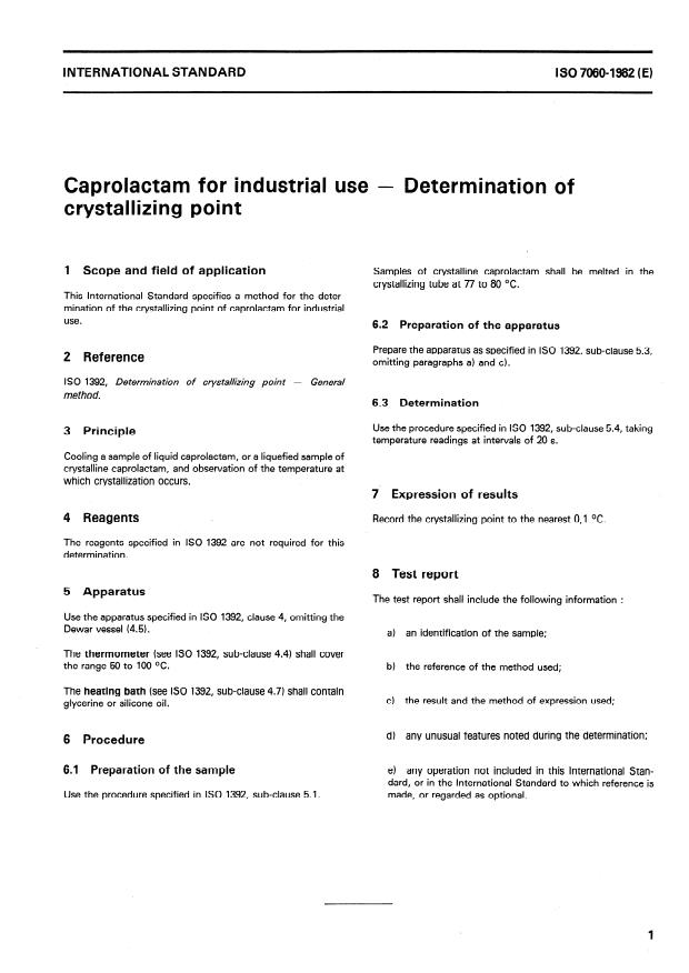ISO 7060:1982 - Caprolactam for industrial use -- Determination of crystallizing point