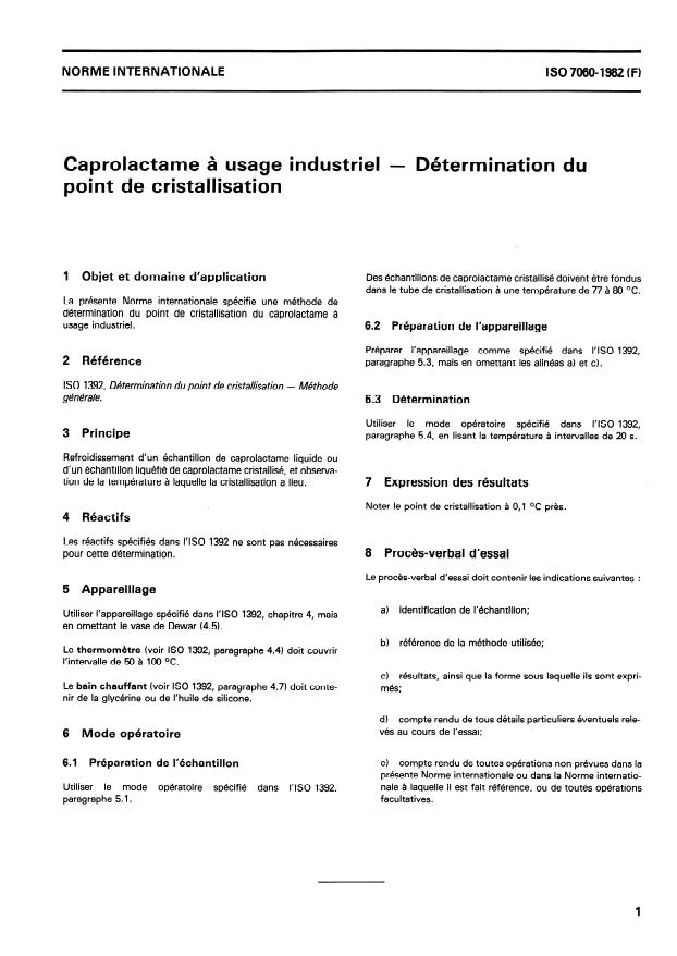 ISO 7060:1982 - Caprolactame a usage industriel -- Détermination du point de cristallisation