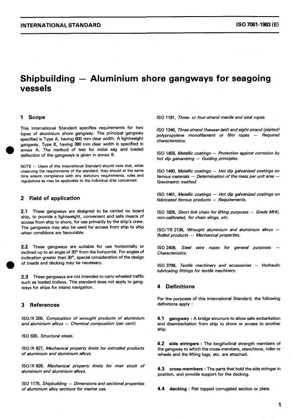 ISO 7061:1983 - Shipbuilding -- Aluminium shore gangways for seagoing vessels