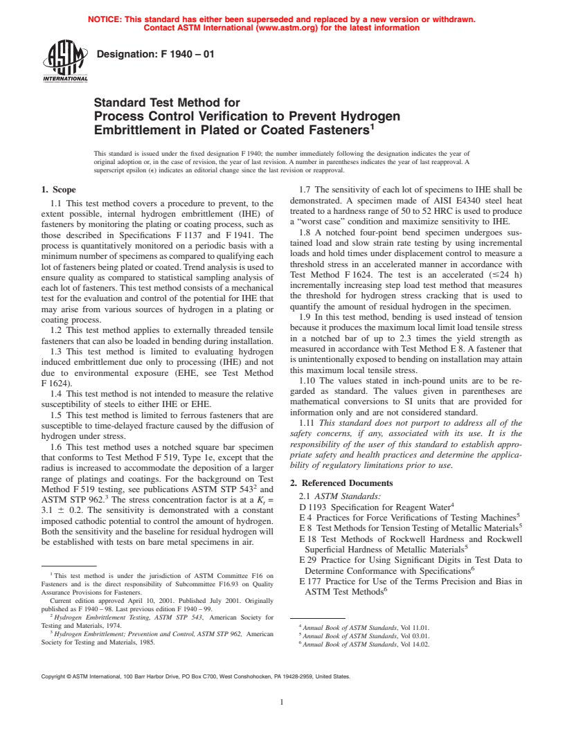 ASTM F1940-01 - Standard Test Method for Process Control Verification to Prevent Hydrogen Embrittlement in Plated or Coated Fasteners