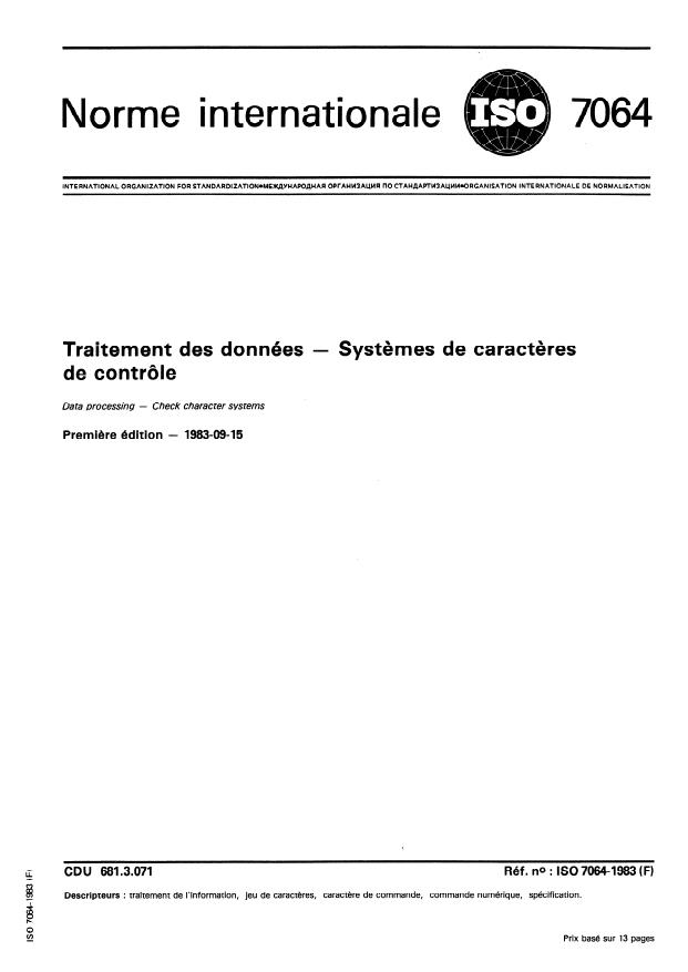 ISO 7064:1983 - Traitement des données -- Systemes de caracteres de contrôle