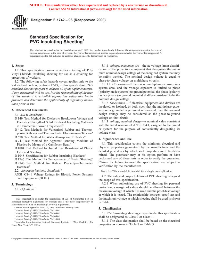 ASTM F1742-96(2000) - Standard Specification for PVC Insulating Sheeting