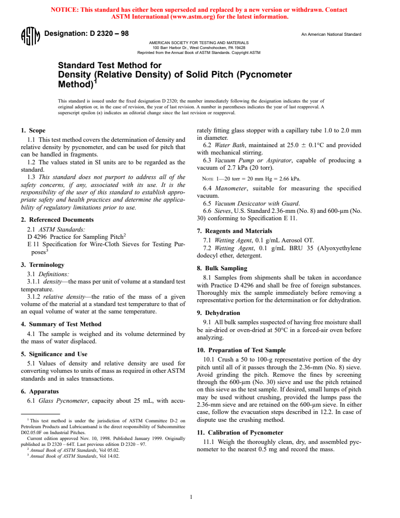 ASTM D2320-98 - Standard Test Method for Density (Relative Density) of Solid Pitch (Pycnometer Method)