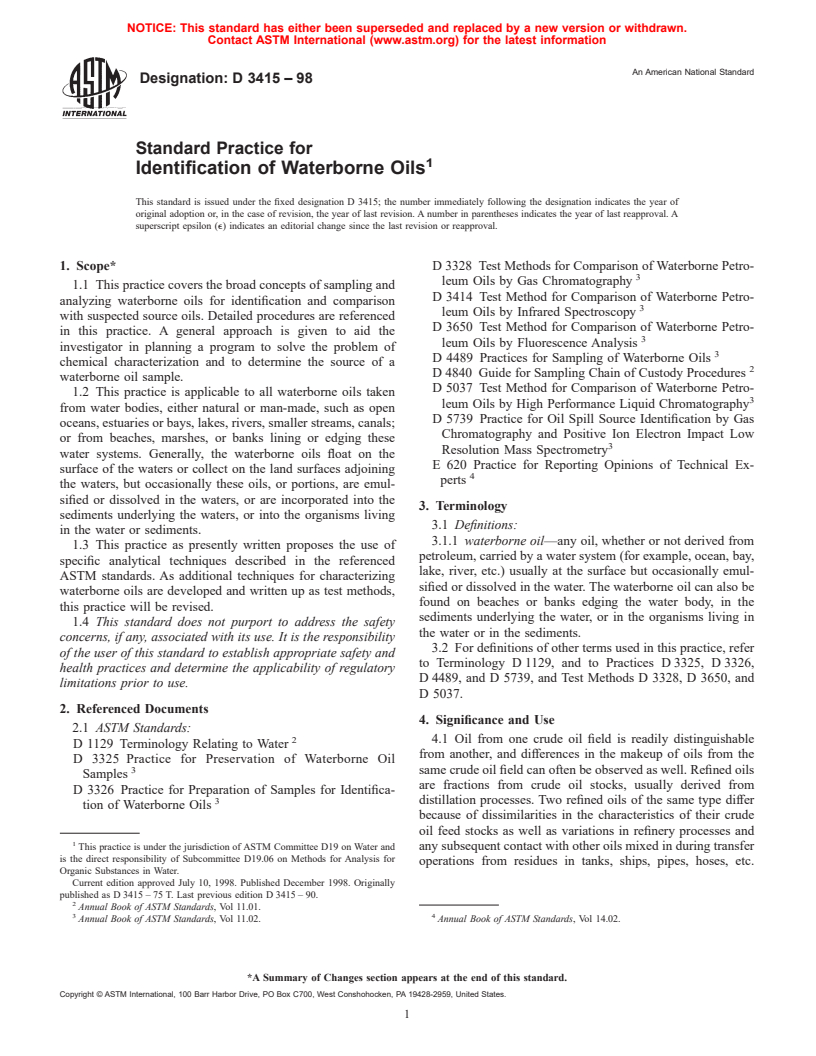 ASTM D3415-98 - Standard Practice for Identificaiton of Waterborne Oils