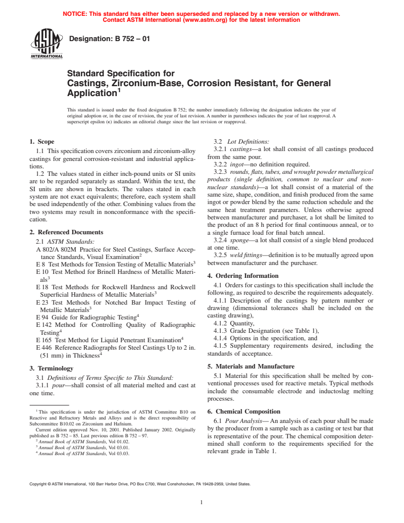 ASTM B752-01 - Standard Specification for Castings, Zirconium-Base, Corrosion Resistant, for General Application