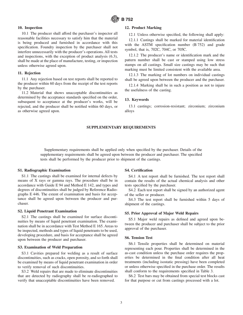 ASTM B752-01 - Standard Specification for Castings, Zirconium-Base, Corrosion Resistant, for General Application