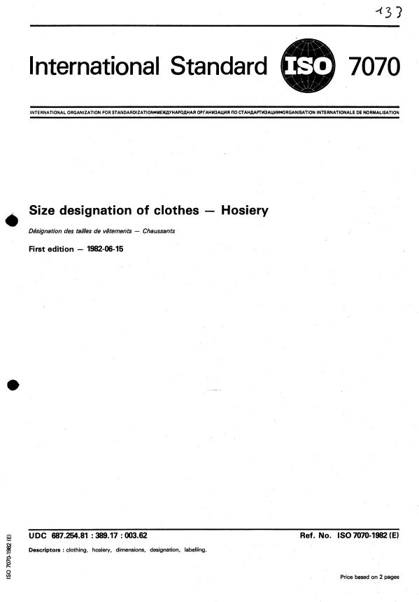 ISO 7070:1982 - Size designation of clothes -- Hosiery