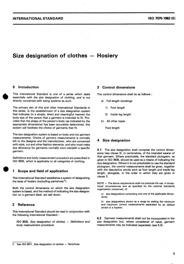 ISO 7070:1982 - Size designation of clothes -- Hosiery